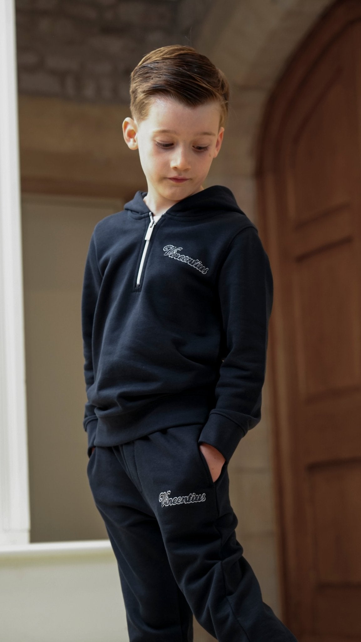Boy's Loopback Script 1/4 Zip Tracksuit - Navy - Vincentius