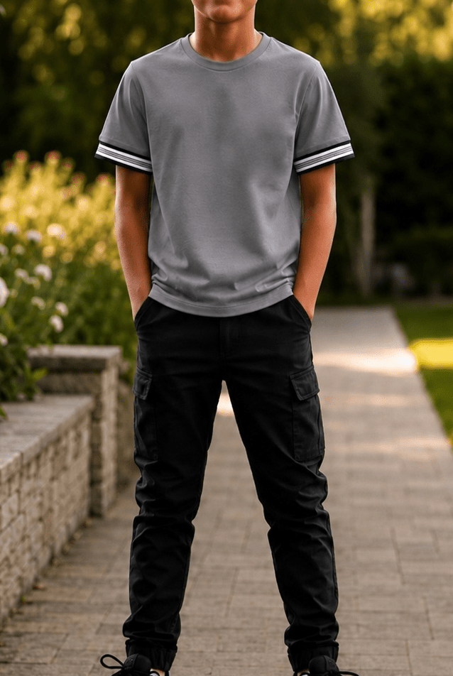 Boys Ribbed Cuff Ice Grey T Shirt - Vincentius