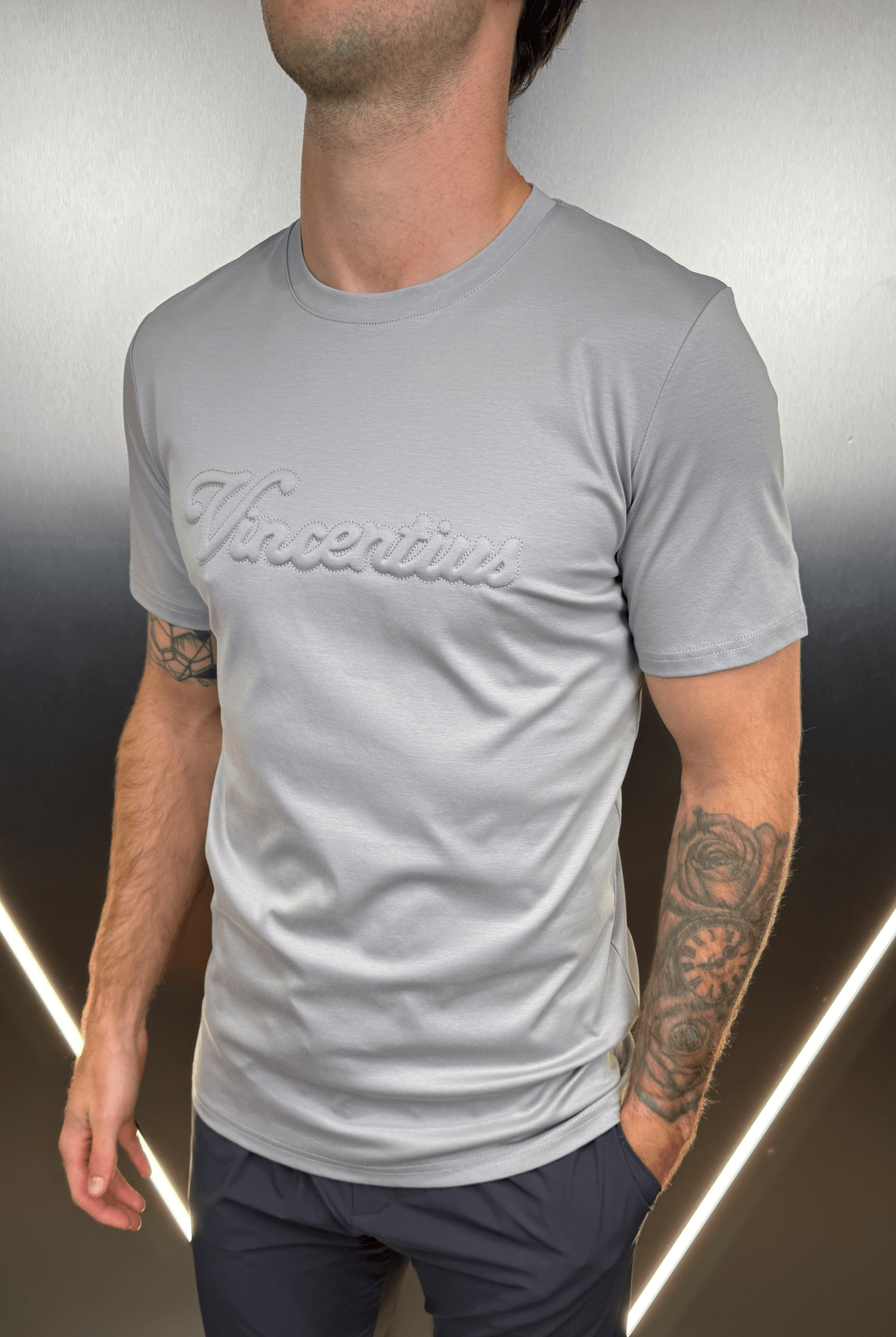 Luxury Embossed Tonal Logo T-Shirt - Ice Grey - Vincentius