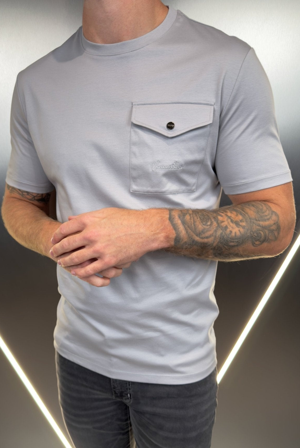 Luxury Mercerised Pocket Logo T-Shirt - Ice Grey - Vincentius