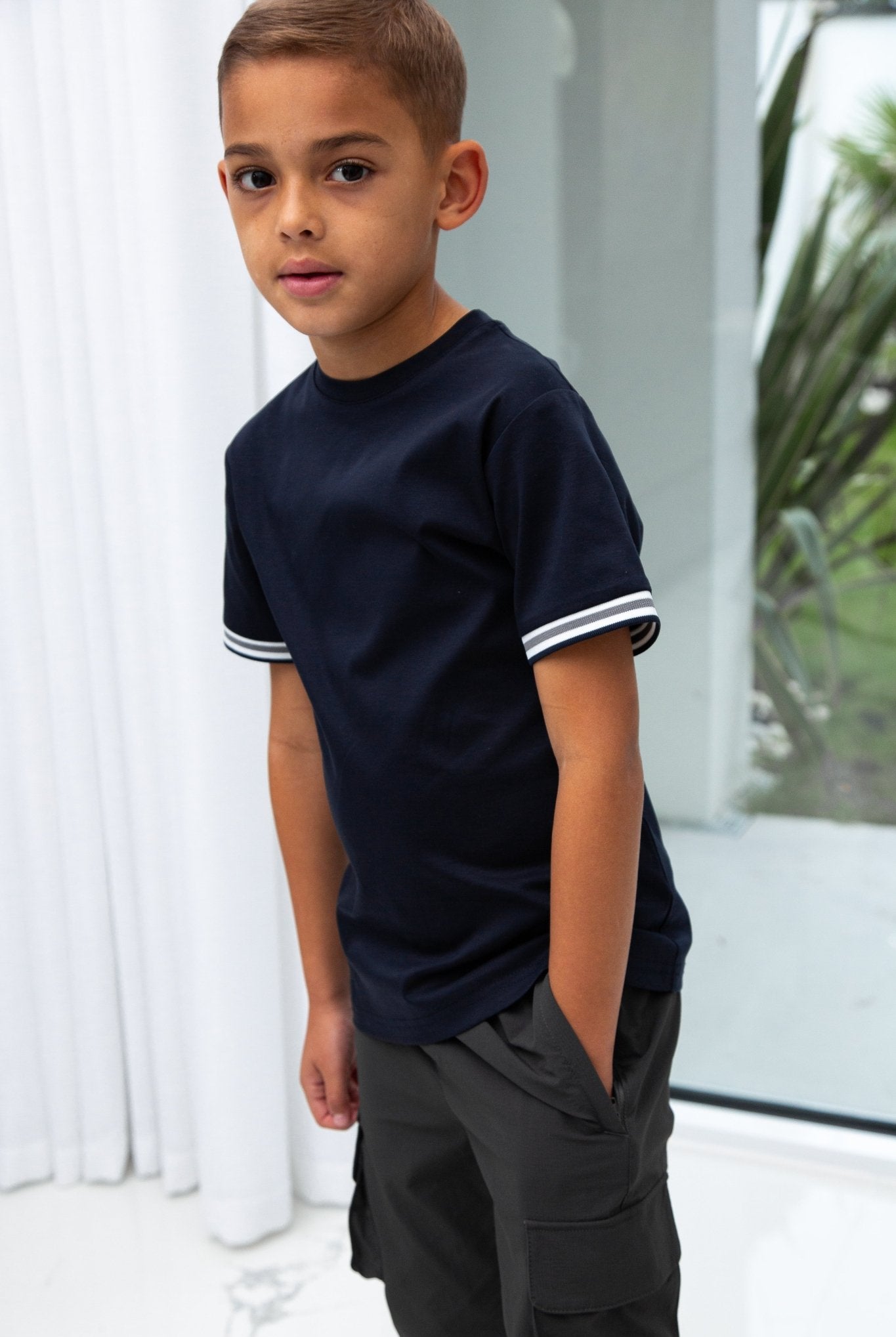 Boys Ribbed Cuff Navy T Shirt - Vincentius