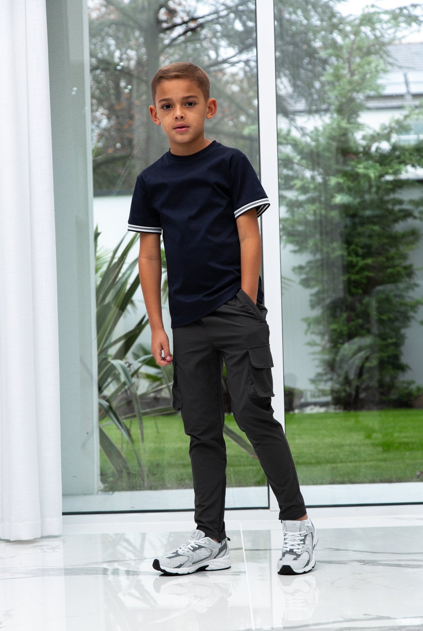 Boys Ribbed Cuff Navy T Shirt - Vincentius