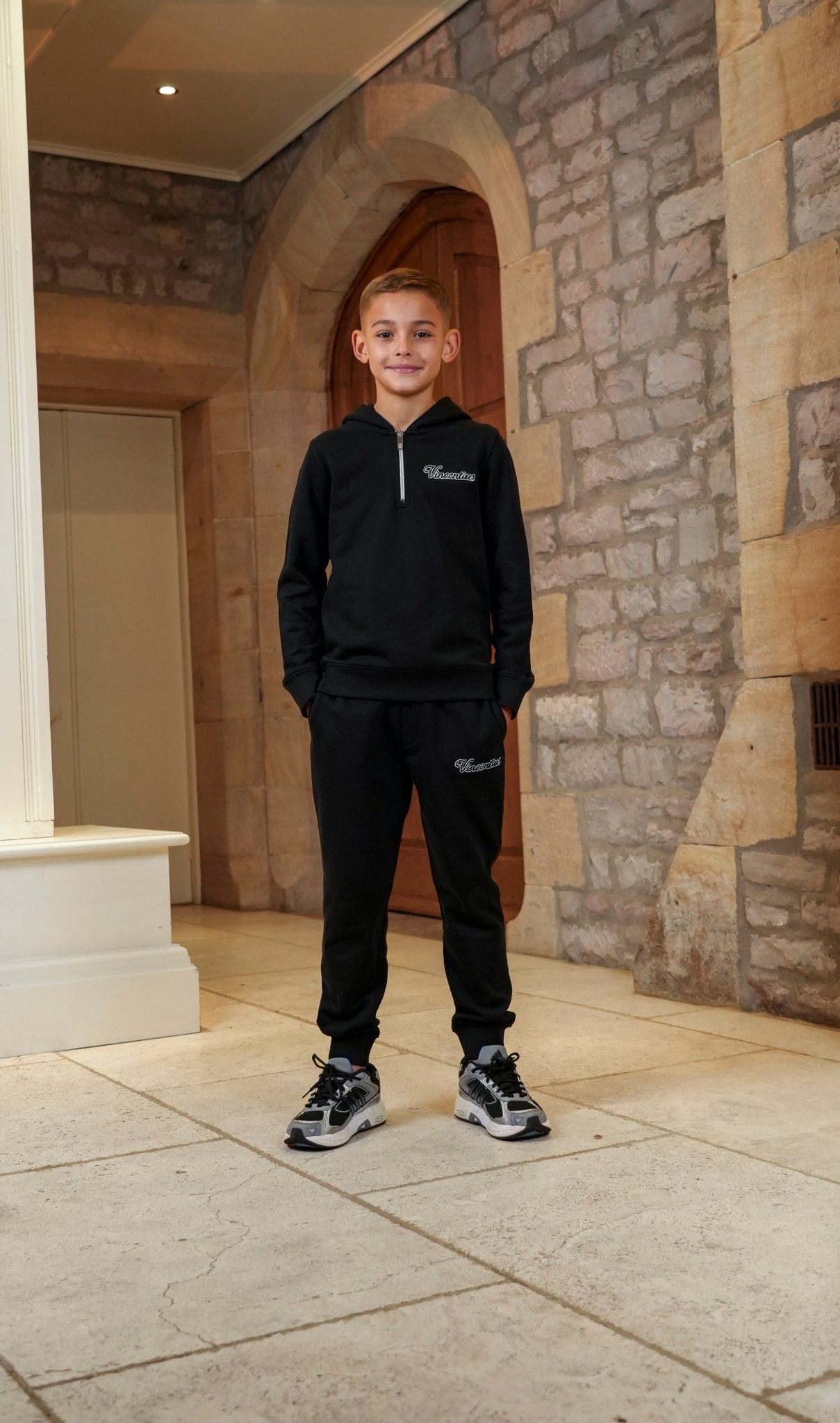 Boy's Loopback Script 1/4 Zip Tracksuit - Black - Vincentius