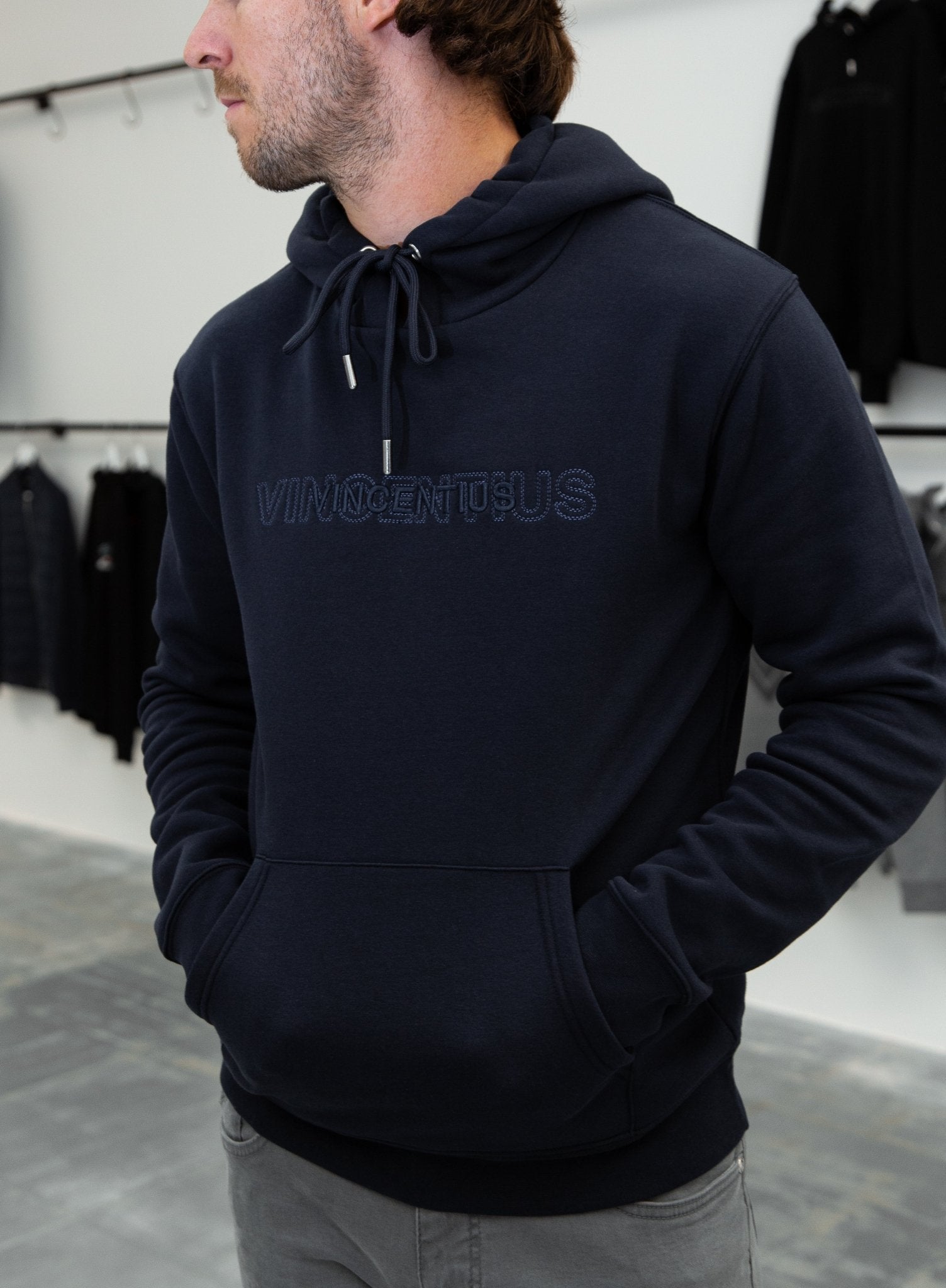 Double Embroidery Luxe Hoodie Navy