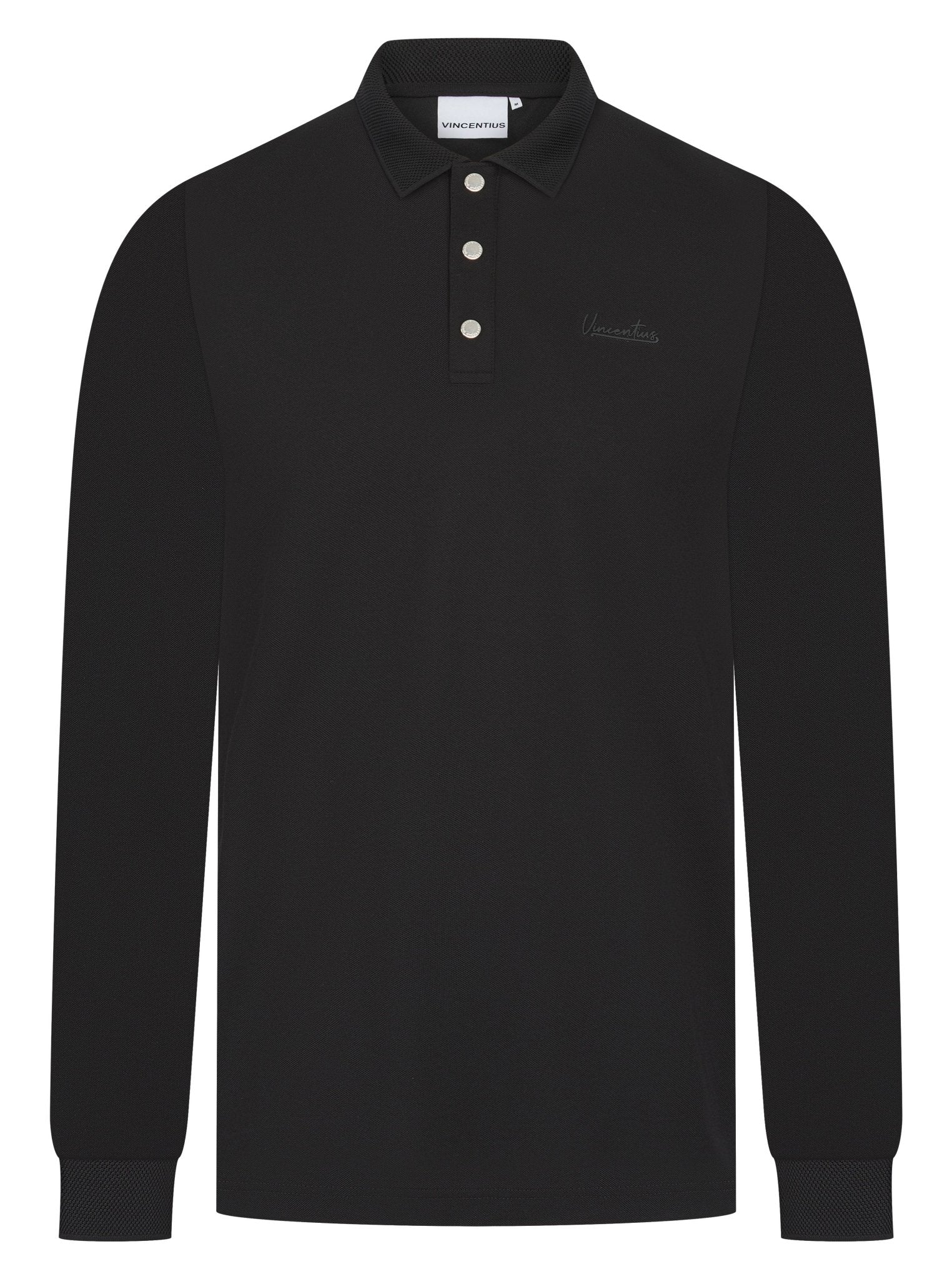 Luxury Long Sleeve Pique Logo Polo - Black - Vincentius