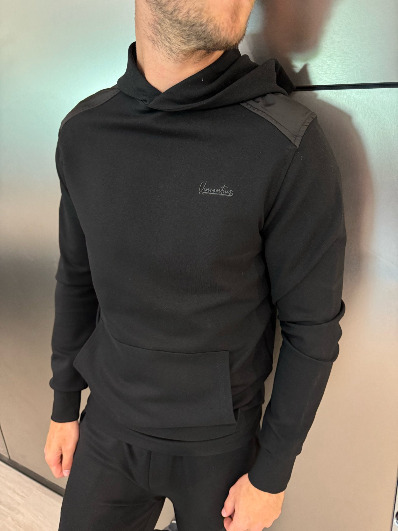 Luxury Nylon Panel Logo Hoodie - Black - Vincentius