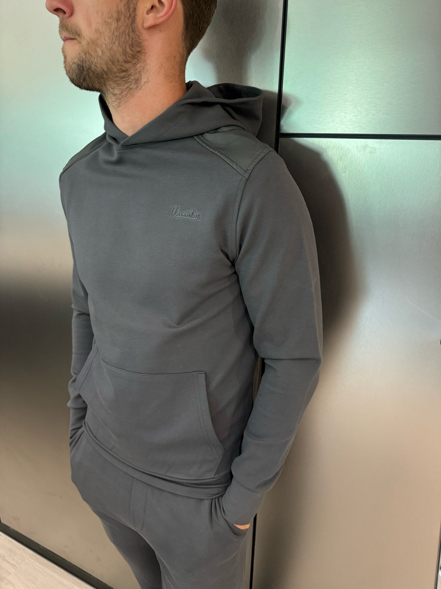 Luxury Nylon Panel Logo Hoodie - Charcoal - Vincentius