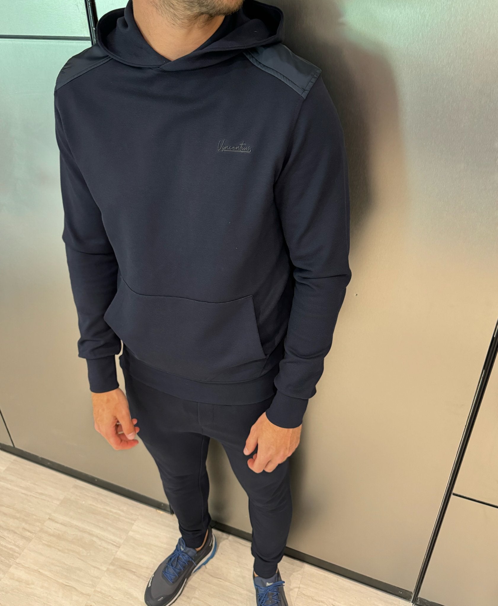 Luxury Nylon Panel Logo Hoodie - Navy - Vincentius