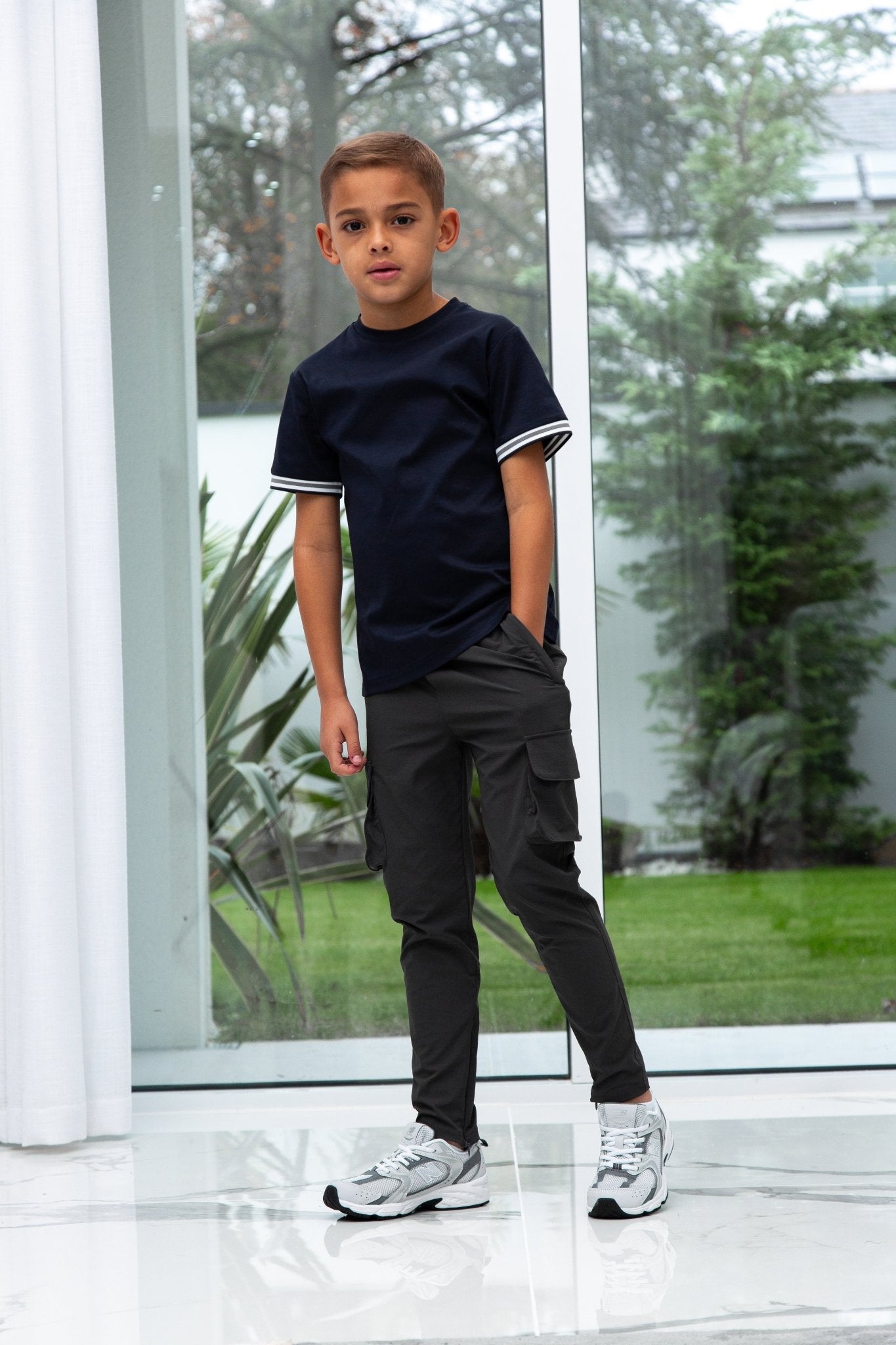 Boys Ribbed Cuff Navy T Shirt - Vincentius